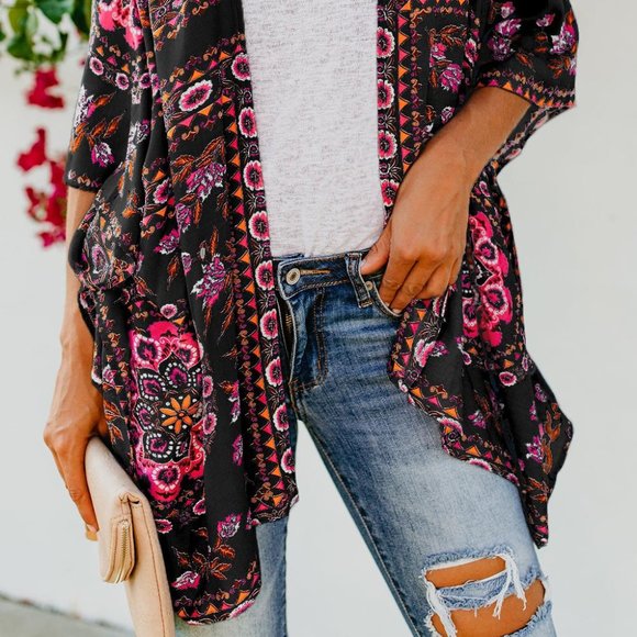 Black Floral Kimono Cover Up - Picture 4 of 5